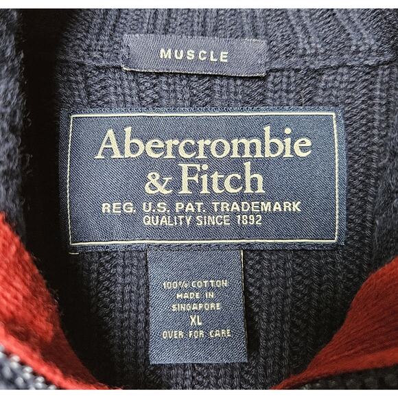 ABERCROMBIE & FITCH Men XL Sweater Muscle Ribbed 1/4 Zip Y2K Navy Red Preppy 46" - Picture 3 of 8